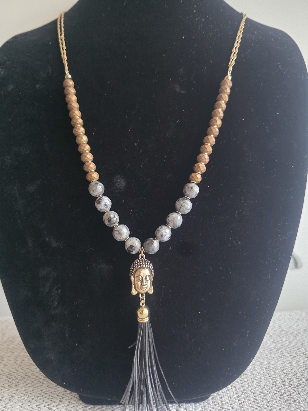 Gold and Black Beaded Buddha Tassel Necklace